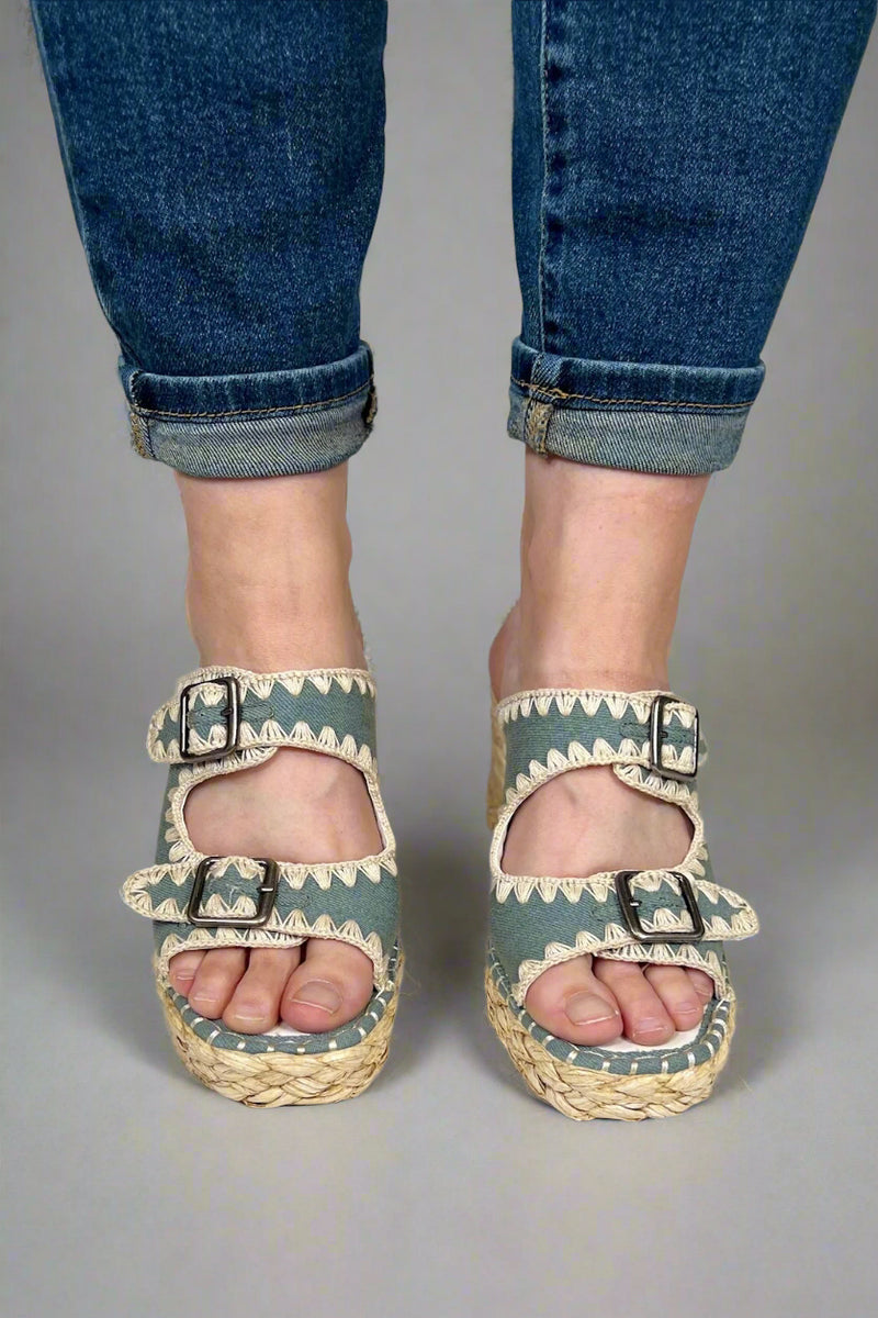 Rae Embroidered Espadrille Wedges - Blue