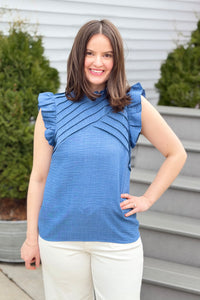 Ruffle Sleeve Pleated Top - Blue