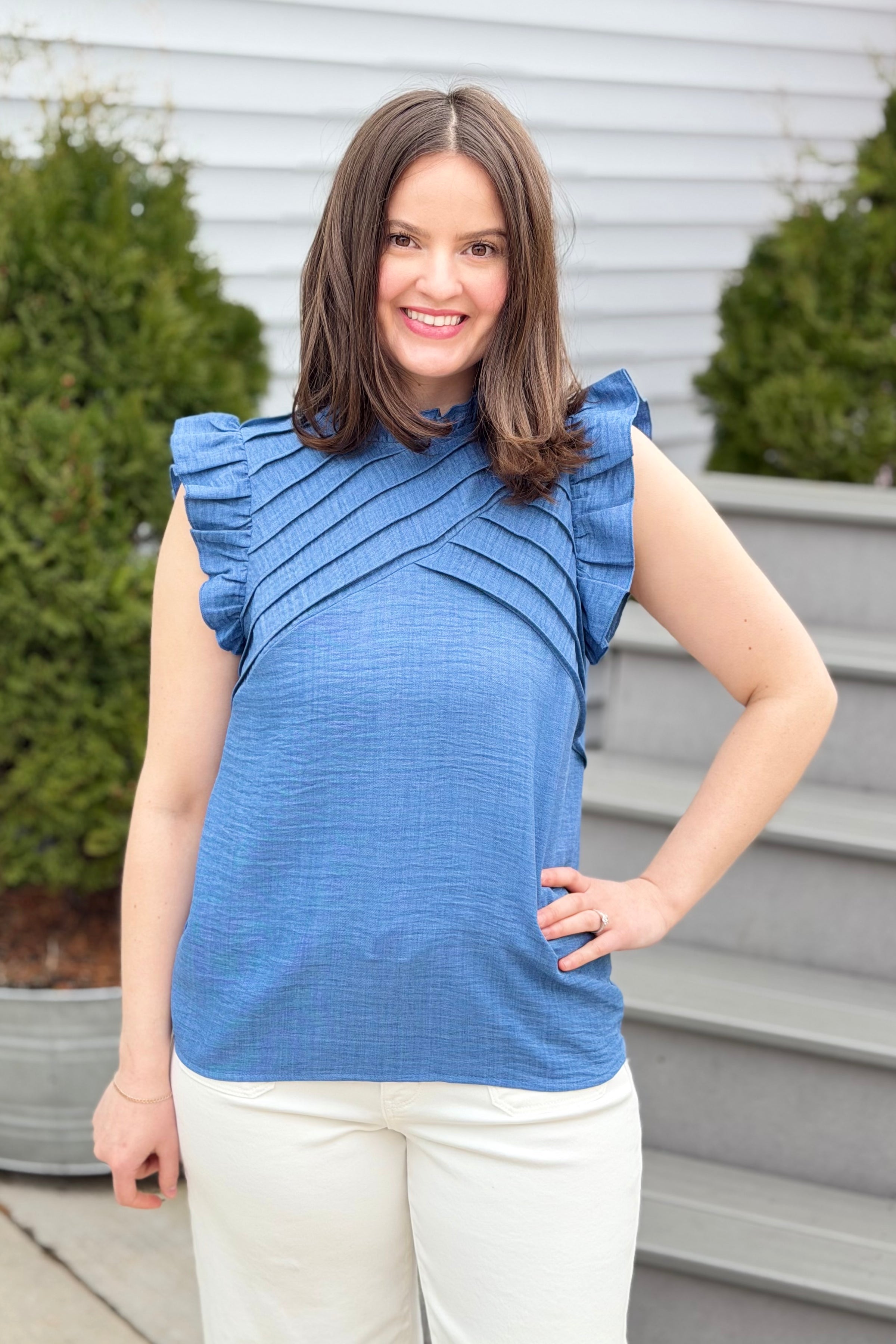 Ruffle Sleeve Pleated Top - Blue