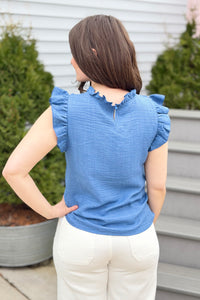 Ruffle Sleeve Pleated Top - Blue