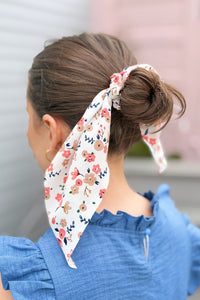 Floral Ribbon Hair Scrunchie - White
