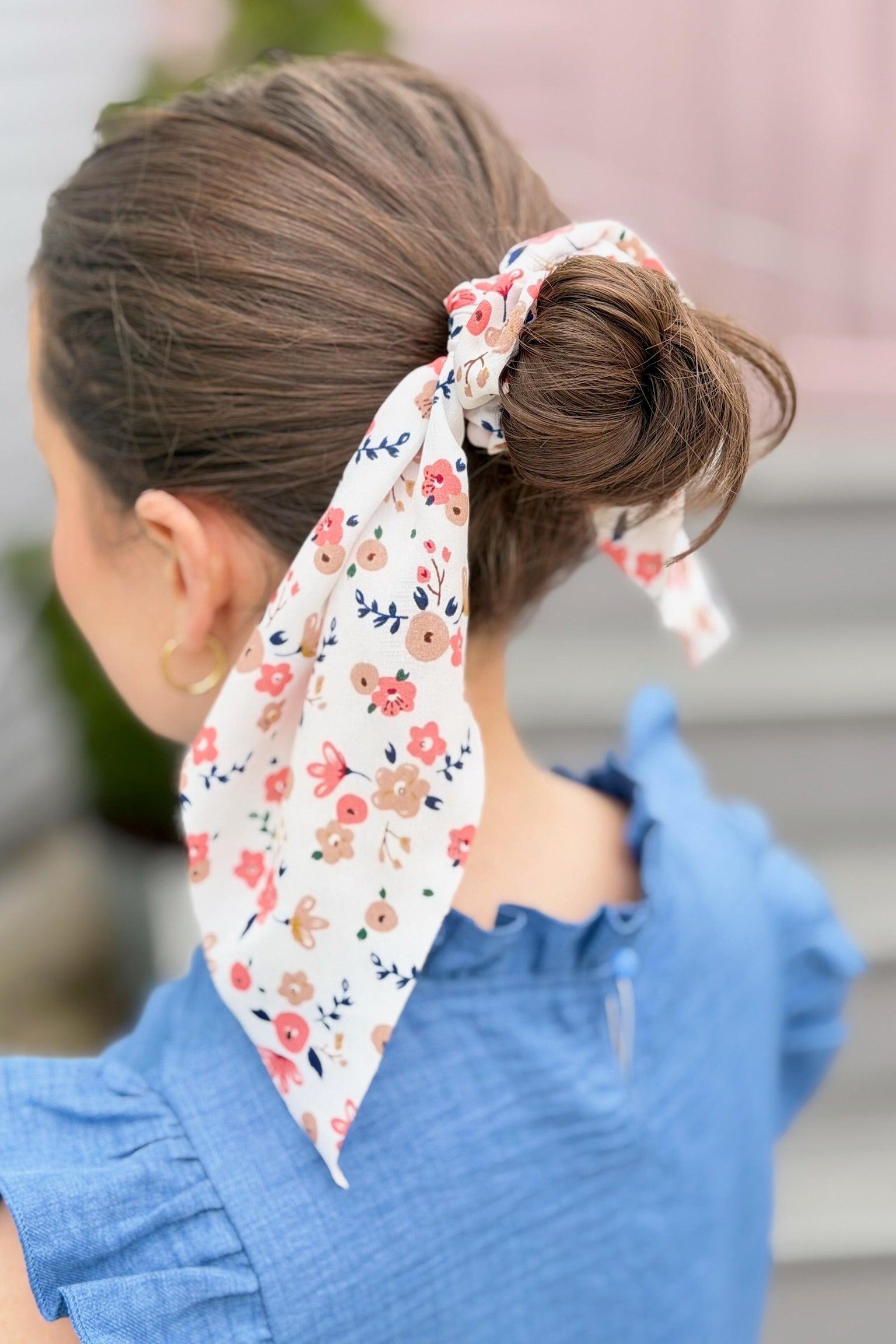 Floral Ribbon Hair Scrunchie - White