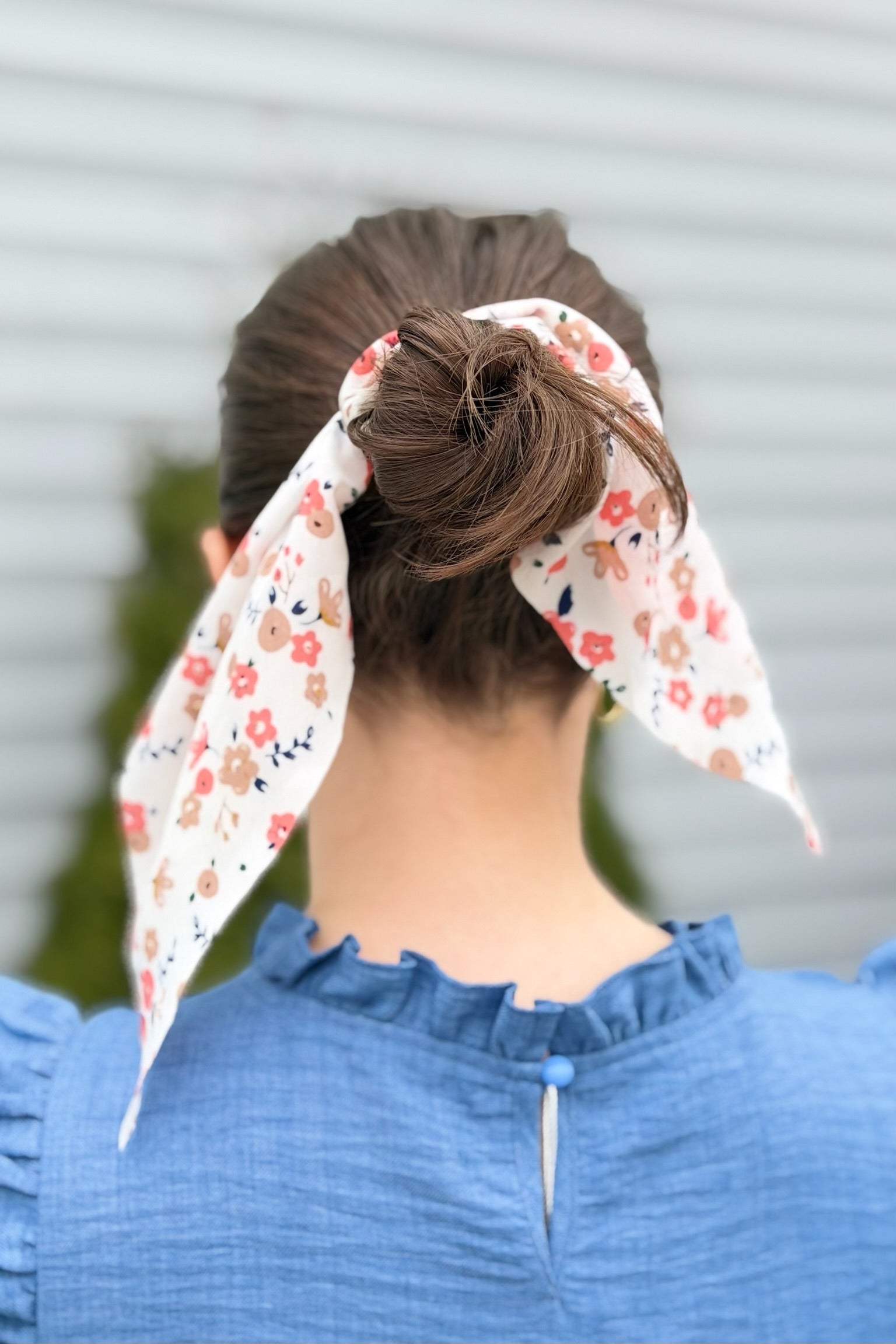 Floral Ribbon Hair Scrunchie - White