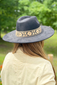 Hat With Floral Ribbon Band - Black