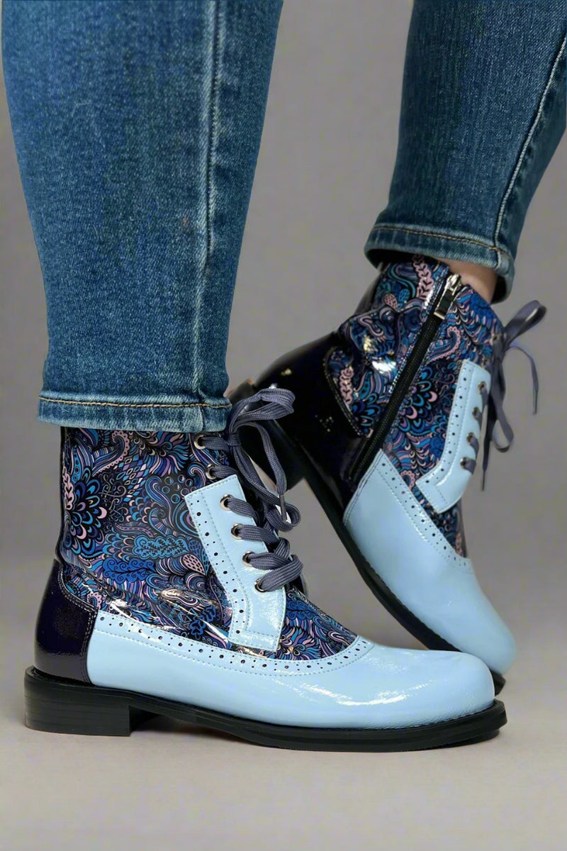 Chelsea Paisley Lace up Bootie - Blue