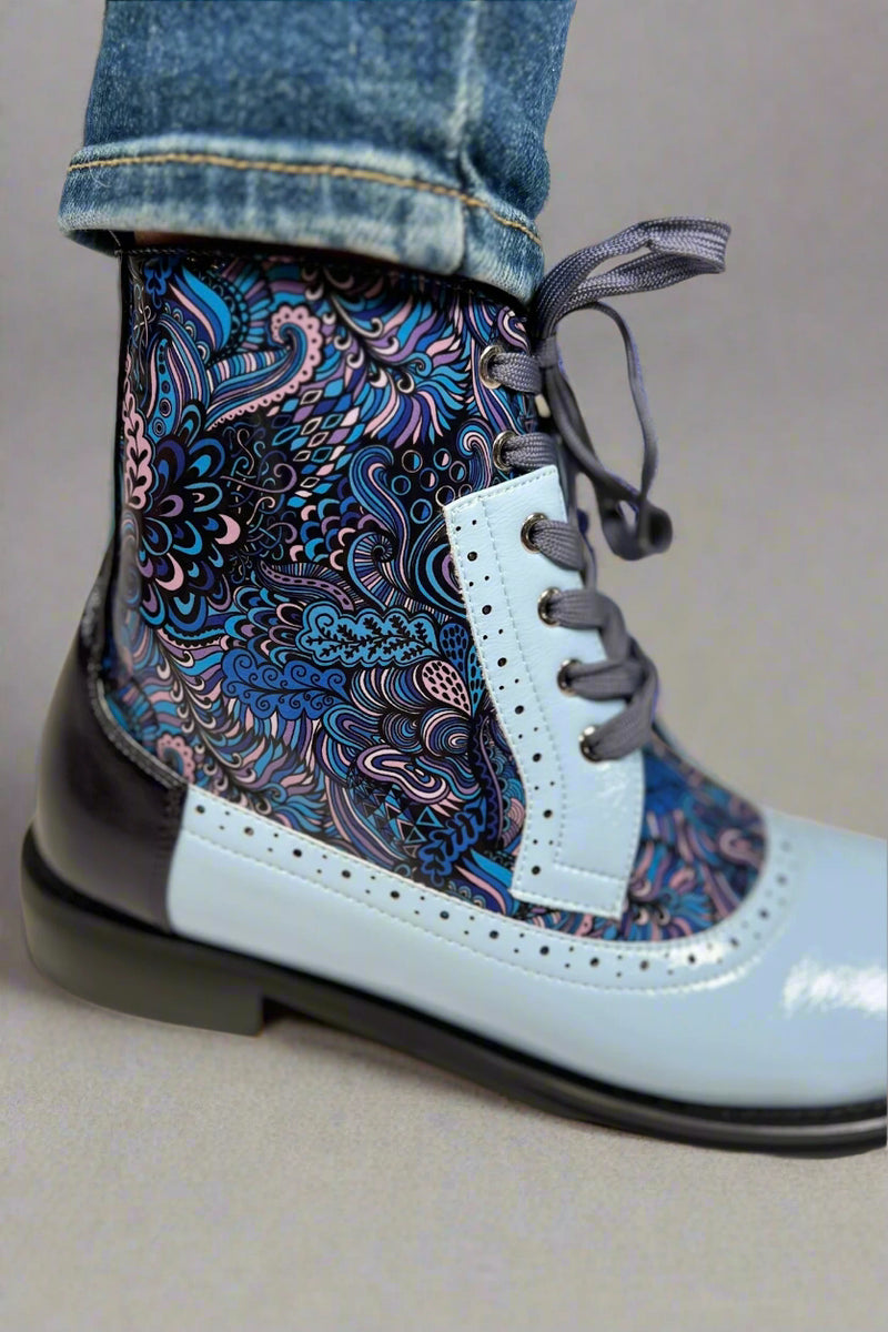 Chelsea Paisley Lace up Bootie - Blue