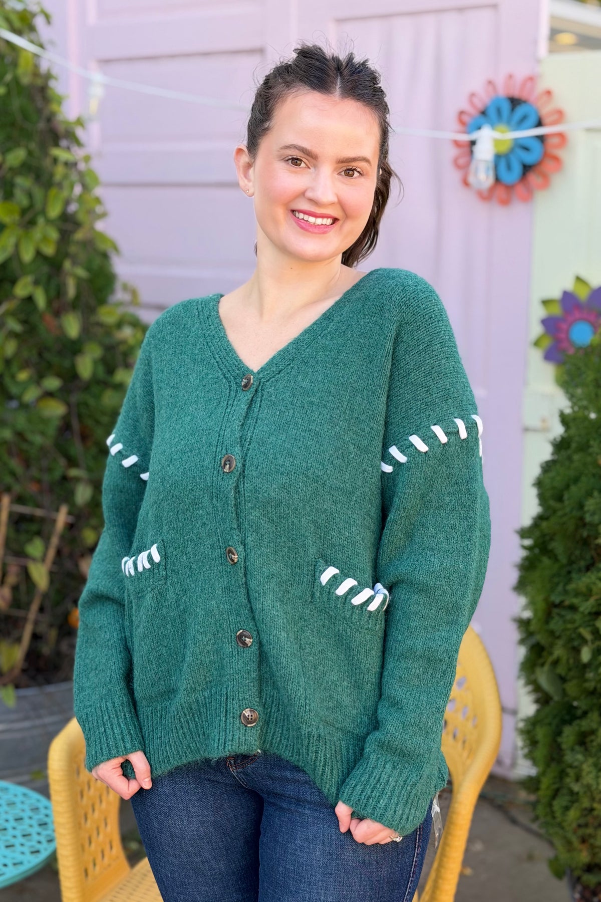 Stitch Detail Cardigan - Hunter Green