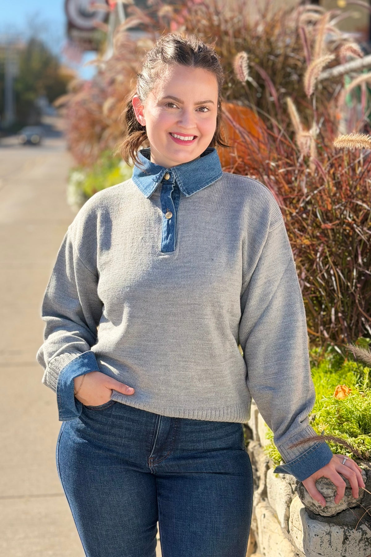 Collared Denim Sweater - Grey