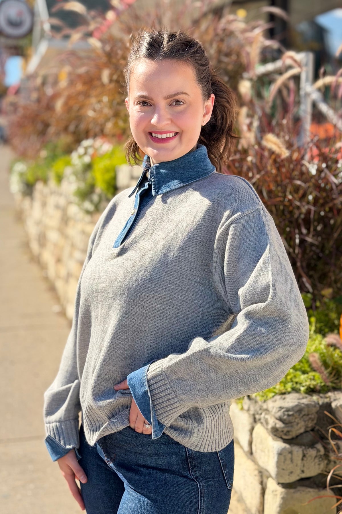 Collared Denim Sweater - Grey