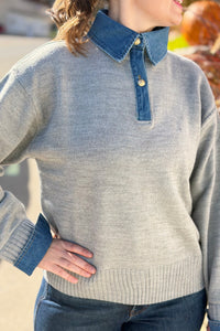 Collared Denim Sweater - Grey