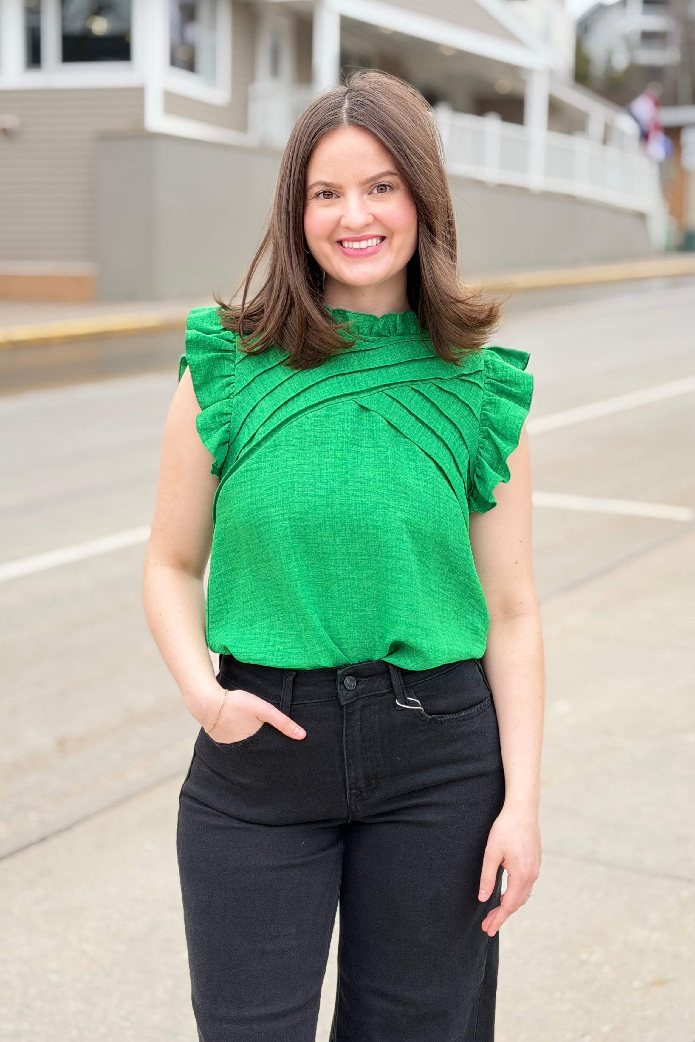 Ruffle Sleeve Pleated Top - Green