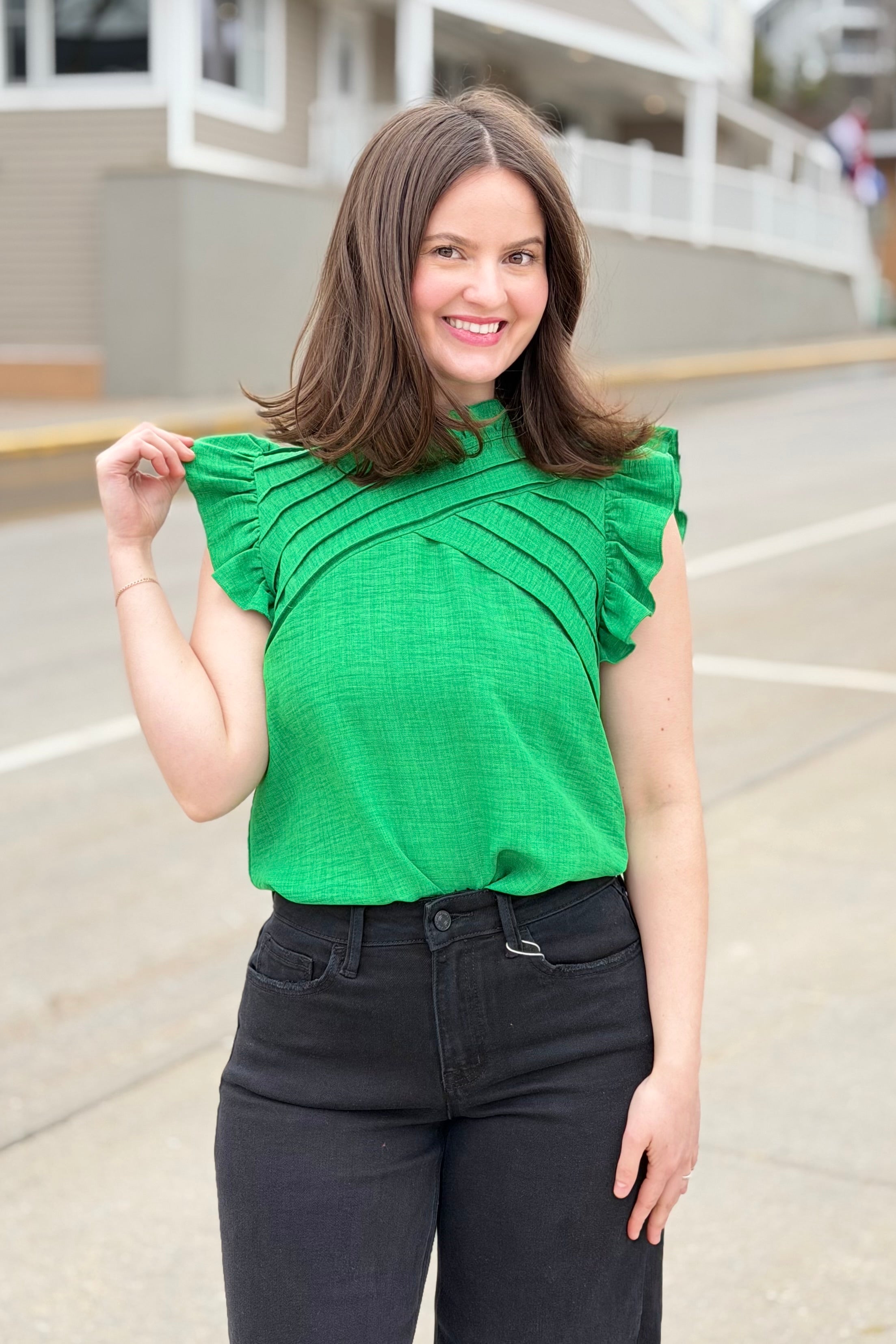 Ruffle Sleeve Pleated Top - Green