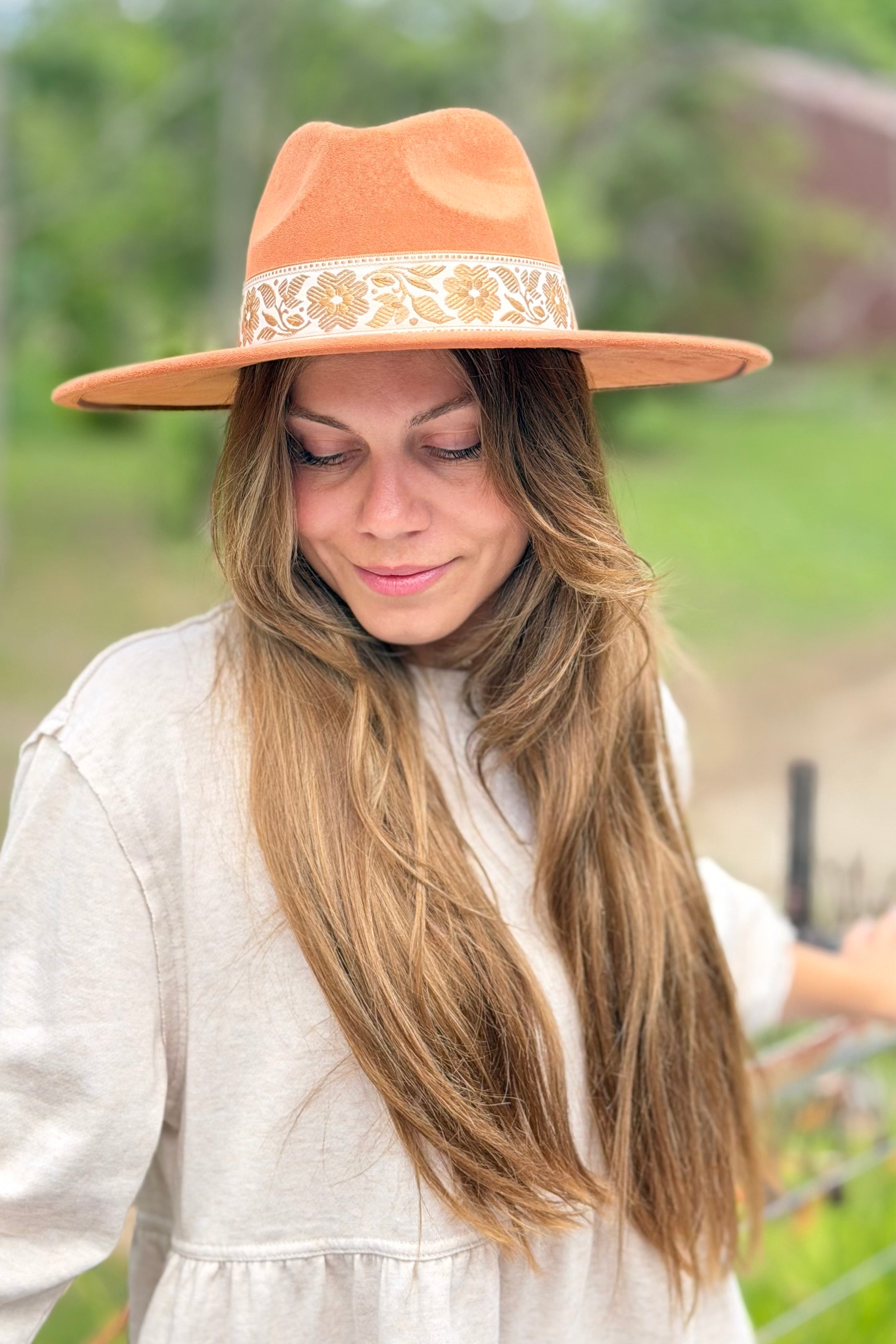 Hat With Floral Ribbon Band - Rust