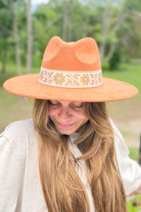 Hat With Floral Ribbon Band - Rust