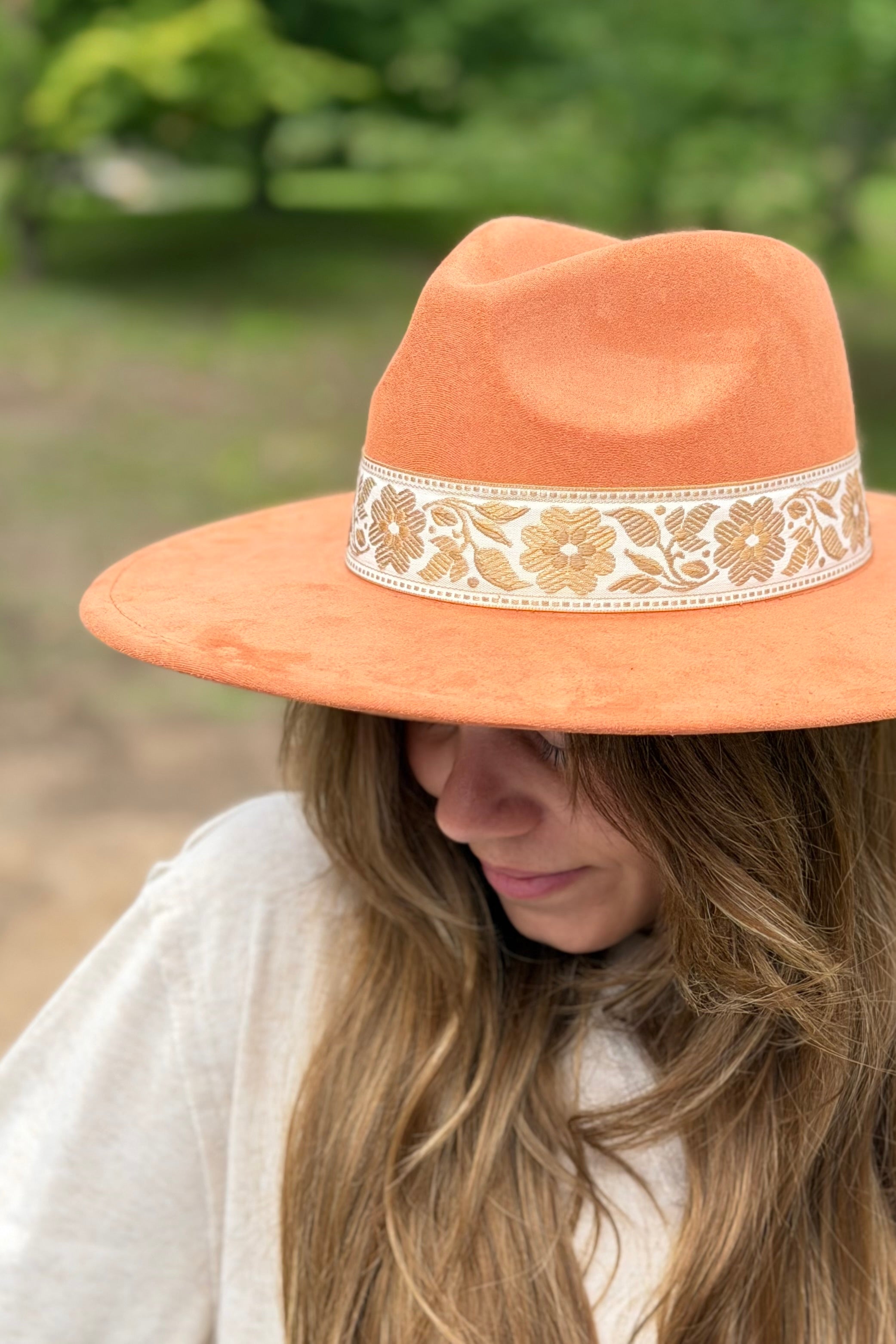 Hat With Floral Ribbon Band - Rust