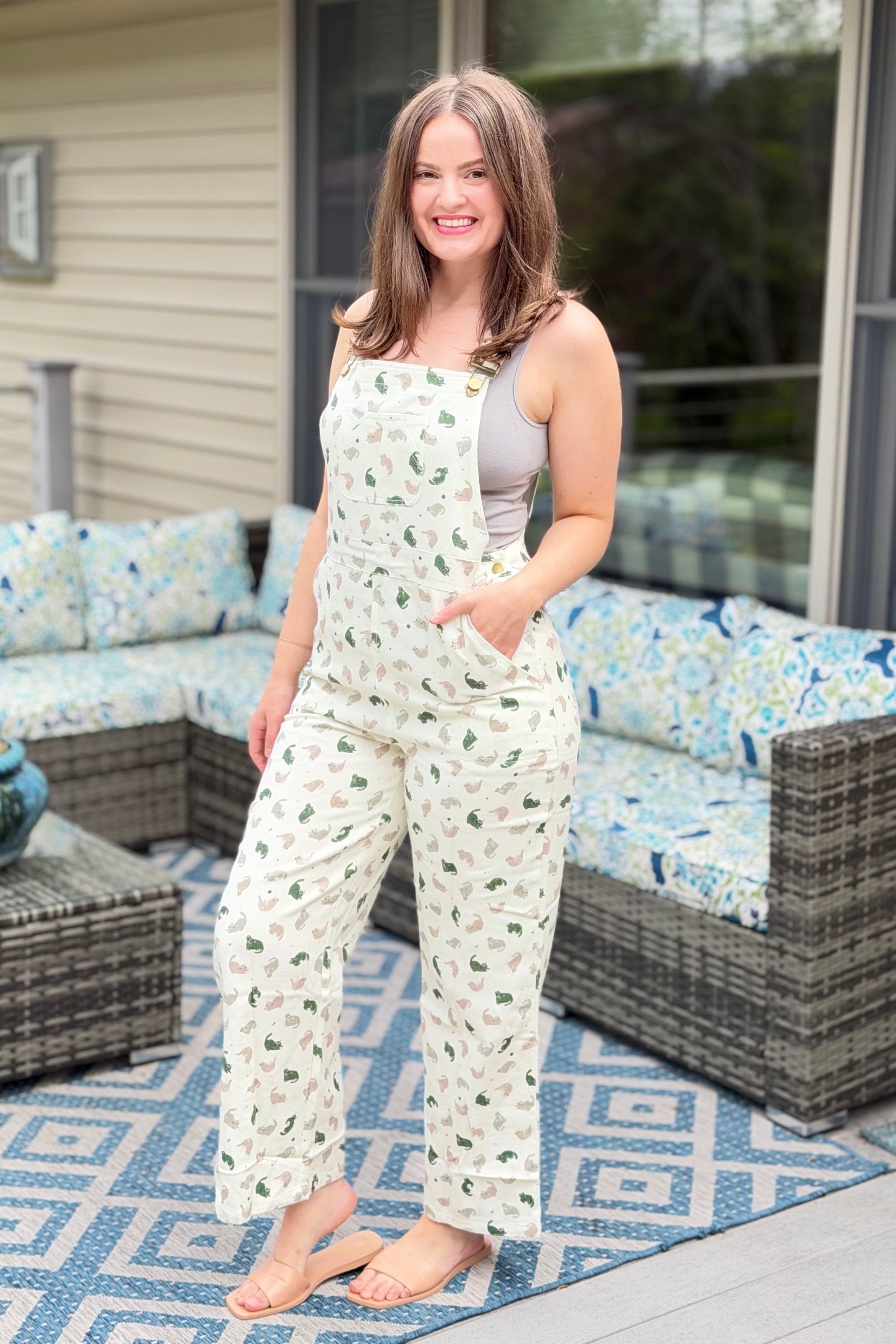 Green Cats Print Cotton Overalls