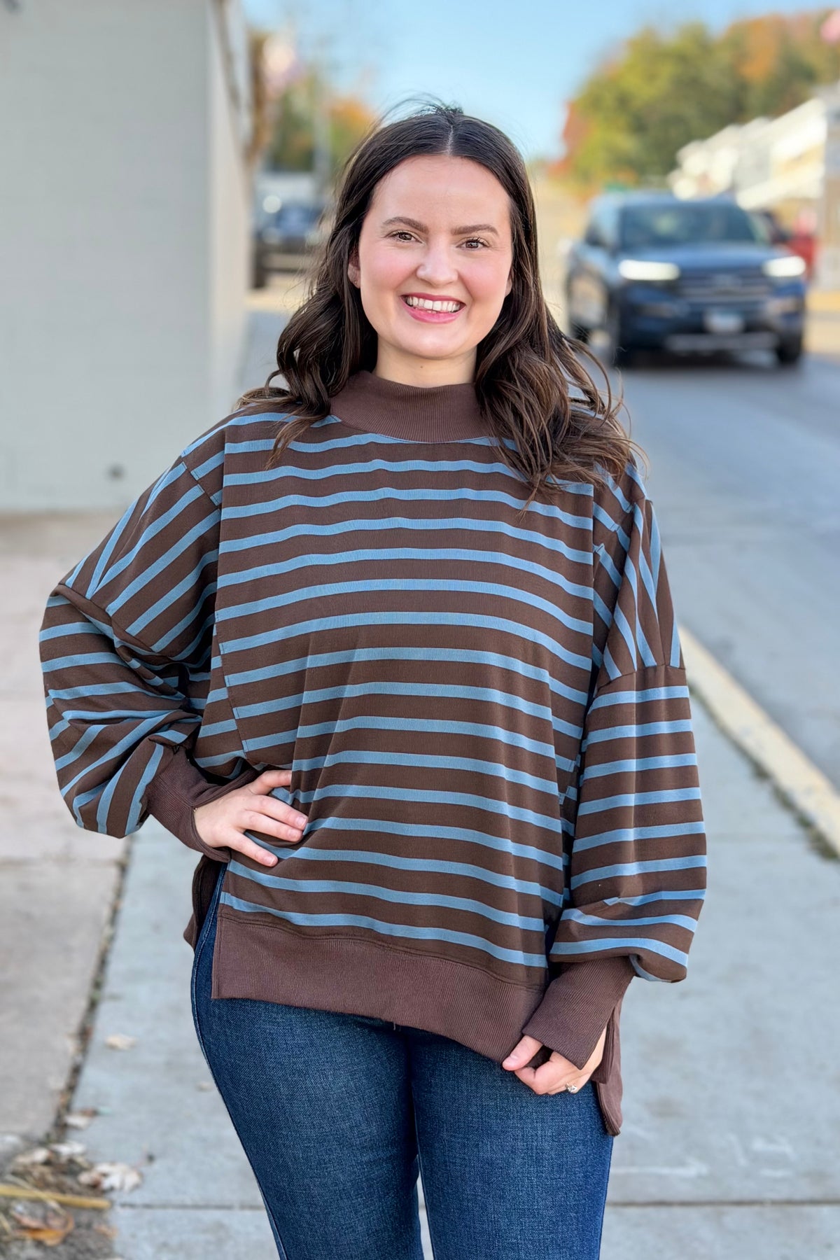 Striped Mock Neck Sweatshirt - Brown