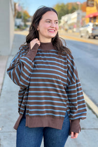 Striped Mock Neck Sweatshirt - Brown