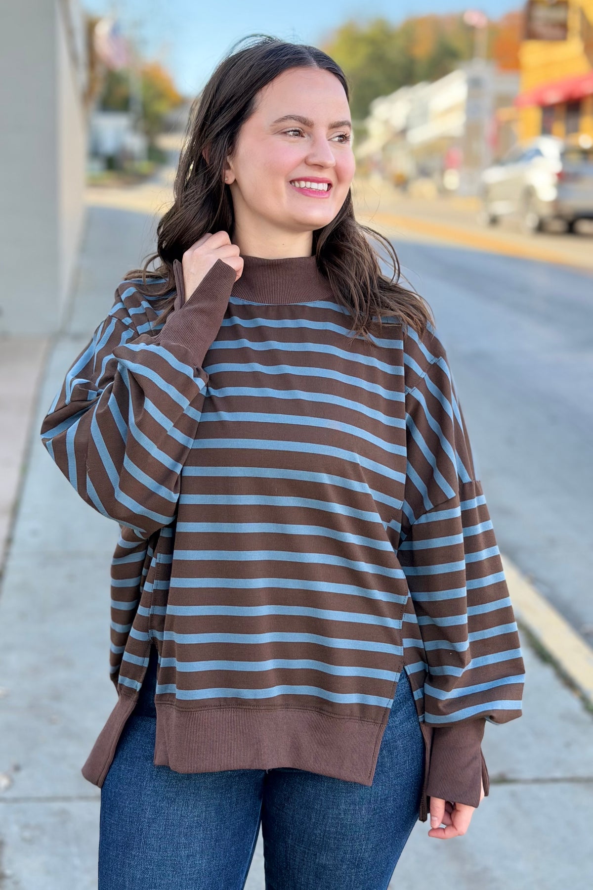 Striped Mock Neck Sweatshirt - Brown