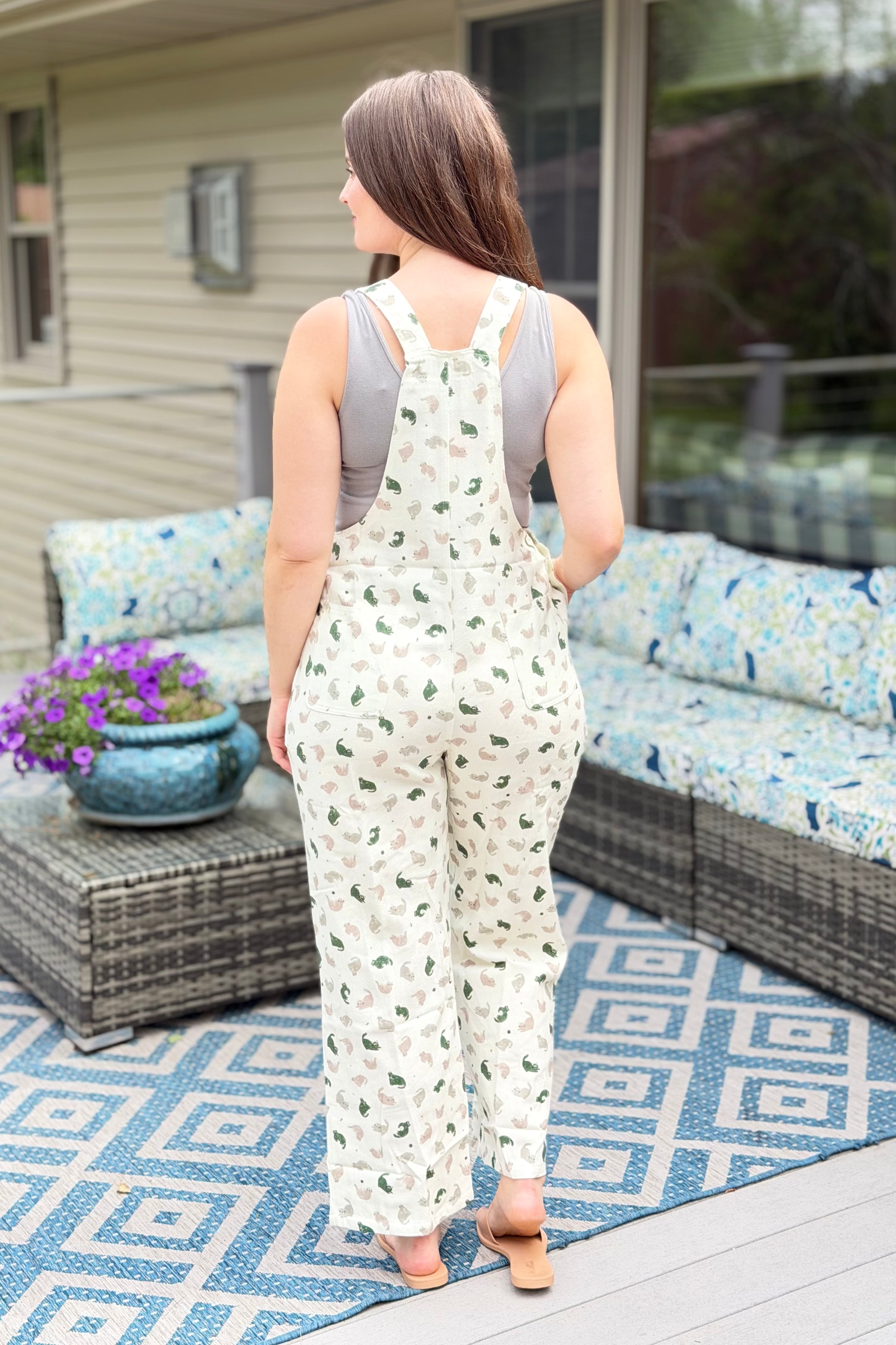 Green Cats Print Cotton Overalls