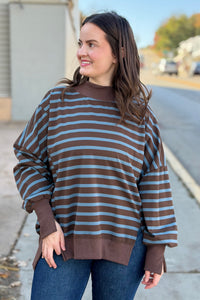 Striped Mock Neck Sweatshirt - Brown