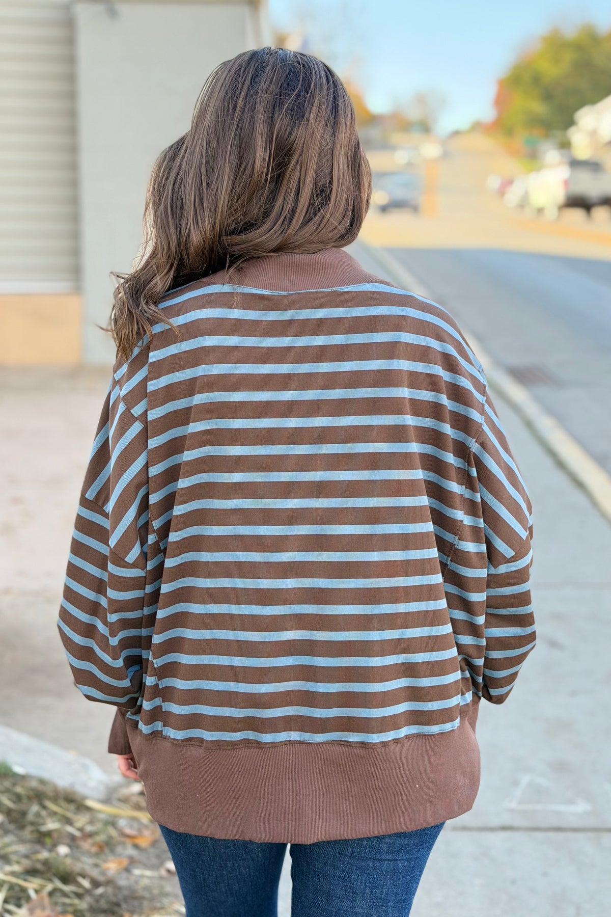 Striped Mock Neck Sweatshirt - Brown