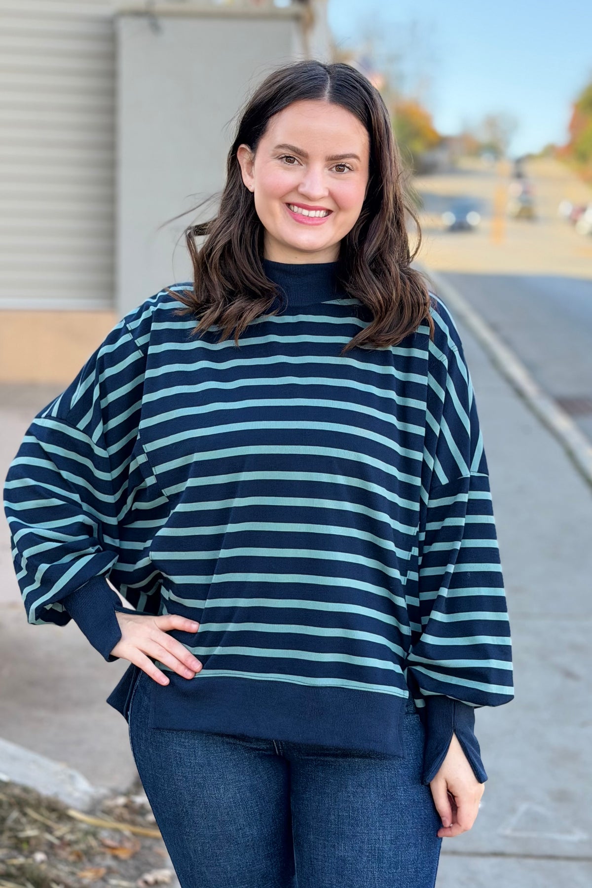 Striped Mock Neck Sweatshirt - Navy