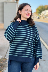 Striped Mock Neck Sweatshirt - Navy