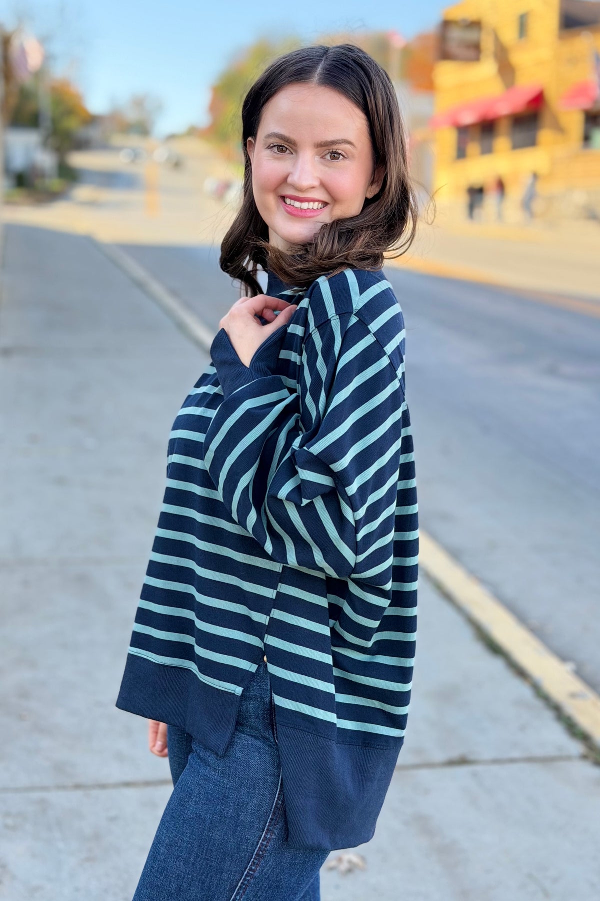 Striped Mock Neck Sweatshirt - Navy