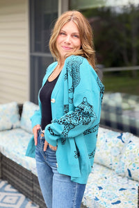 Cheetah V-Neck Cardigan - Light Jade