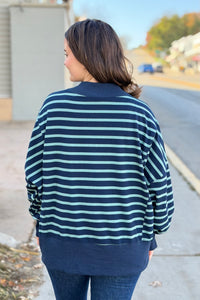 Striped Mock Neck Sweatshirt - Navy