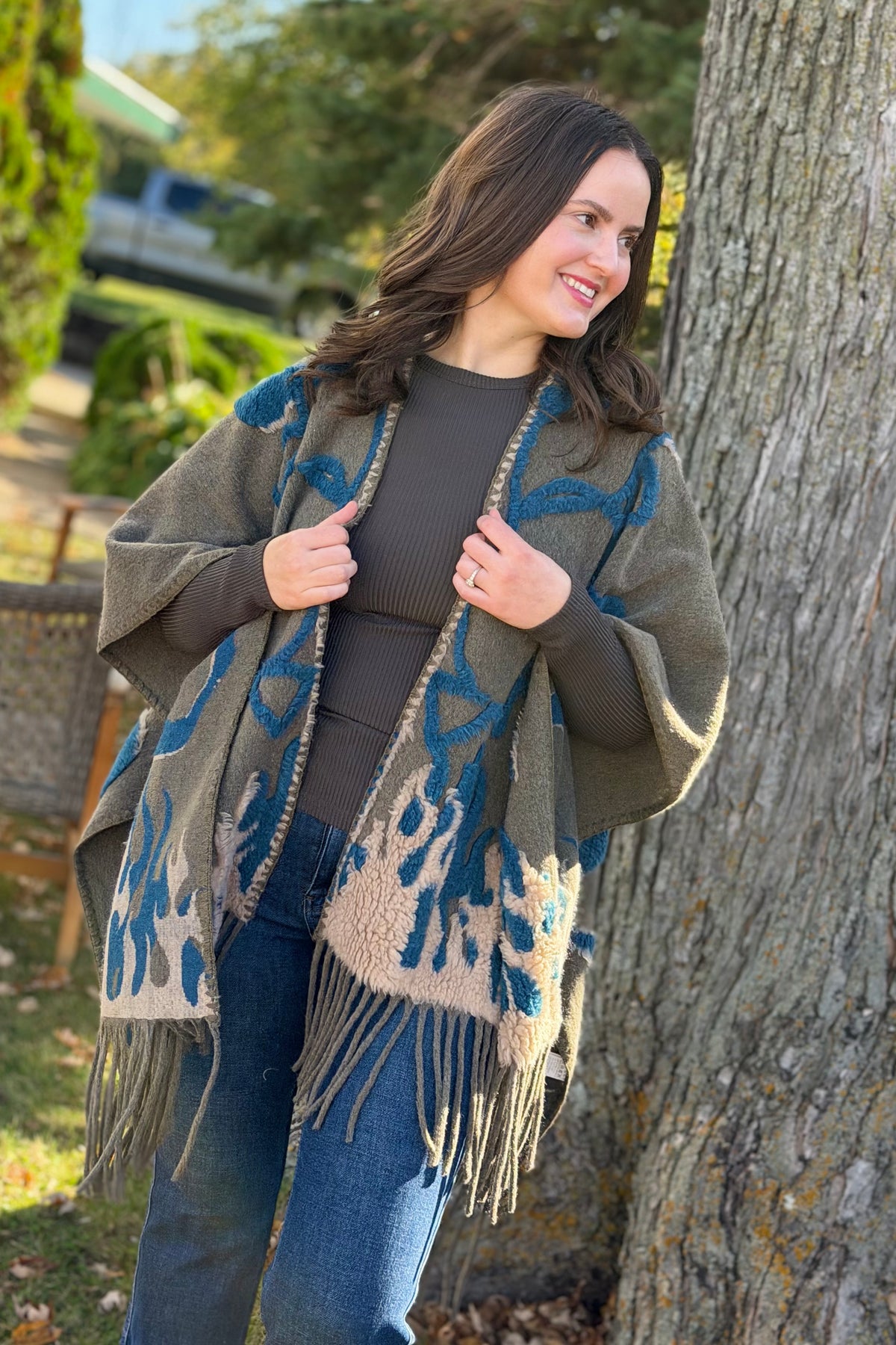 Boho Textured Ruana Cardigan - Olive Teal