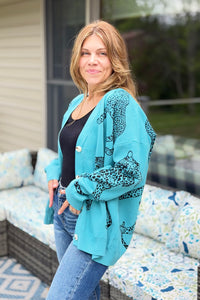 Cheetah V-Neck Cardigan - Light Jade