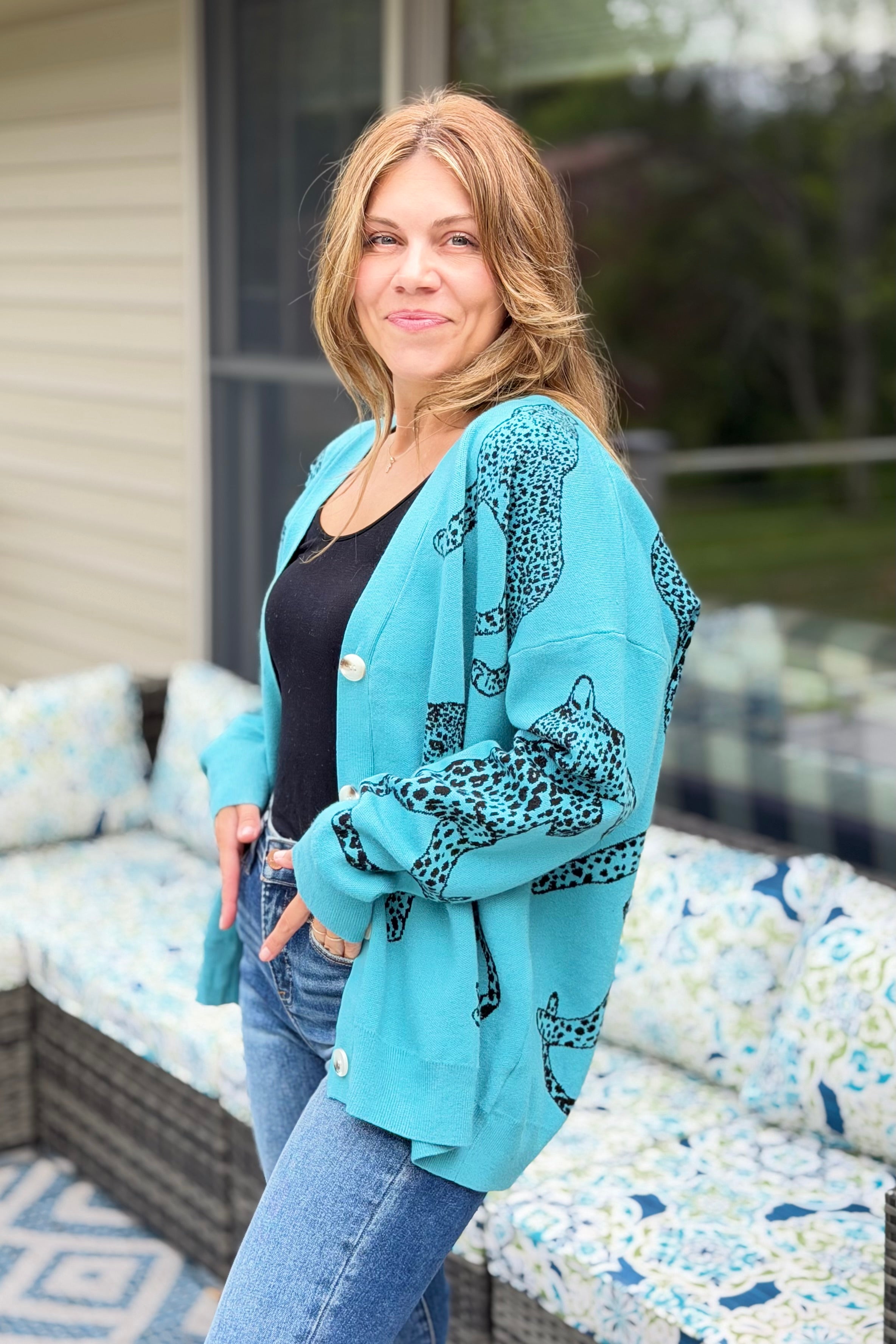 Cheetah V-Neck Cardigan - Light Jade