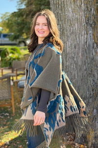 Boho Textured Ruana Cardigan - Olive Teal