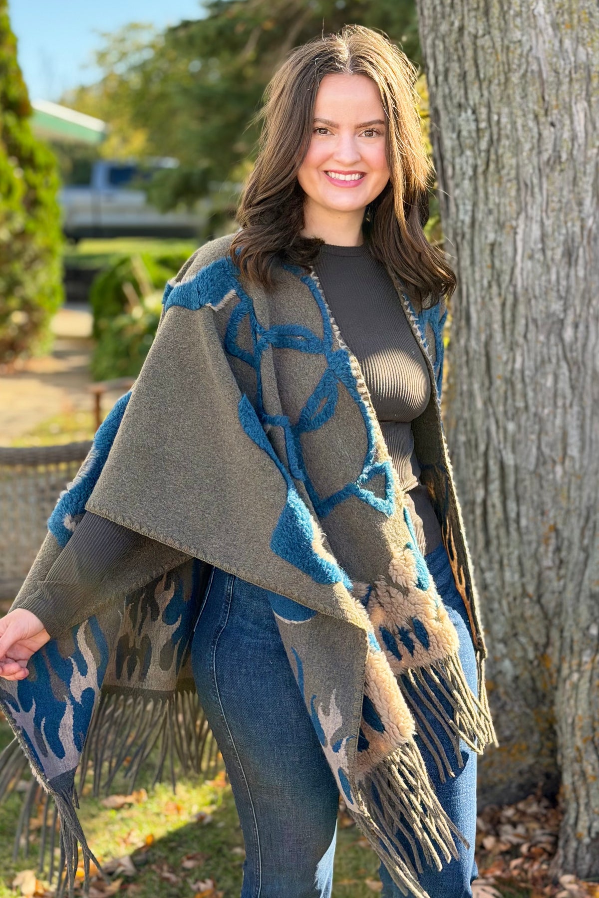 Boho Textured Ruana Cardigan - Olive Teal