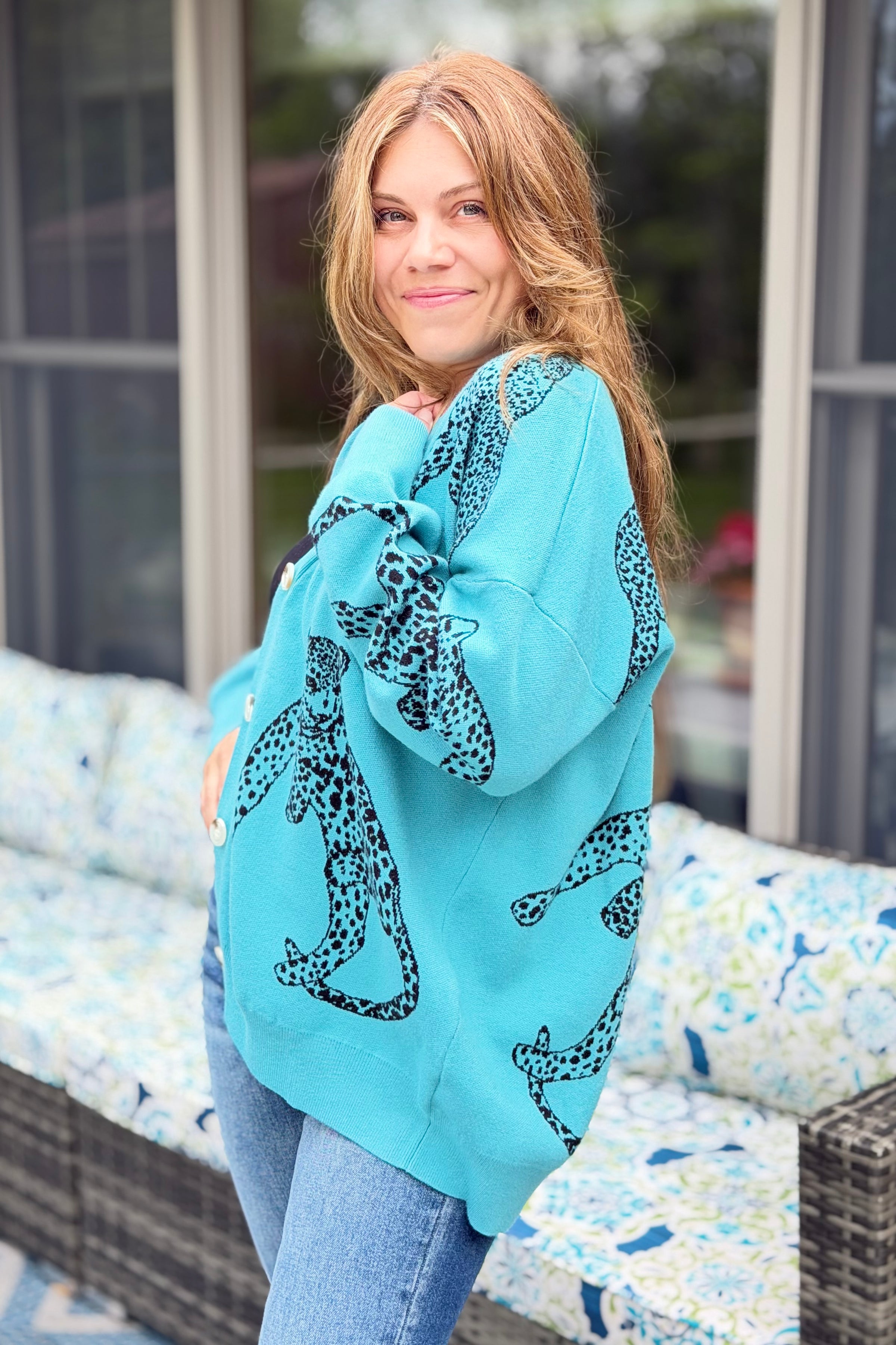 Cheetah V-Neck Cardigan - Light Jade