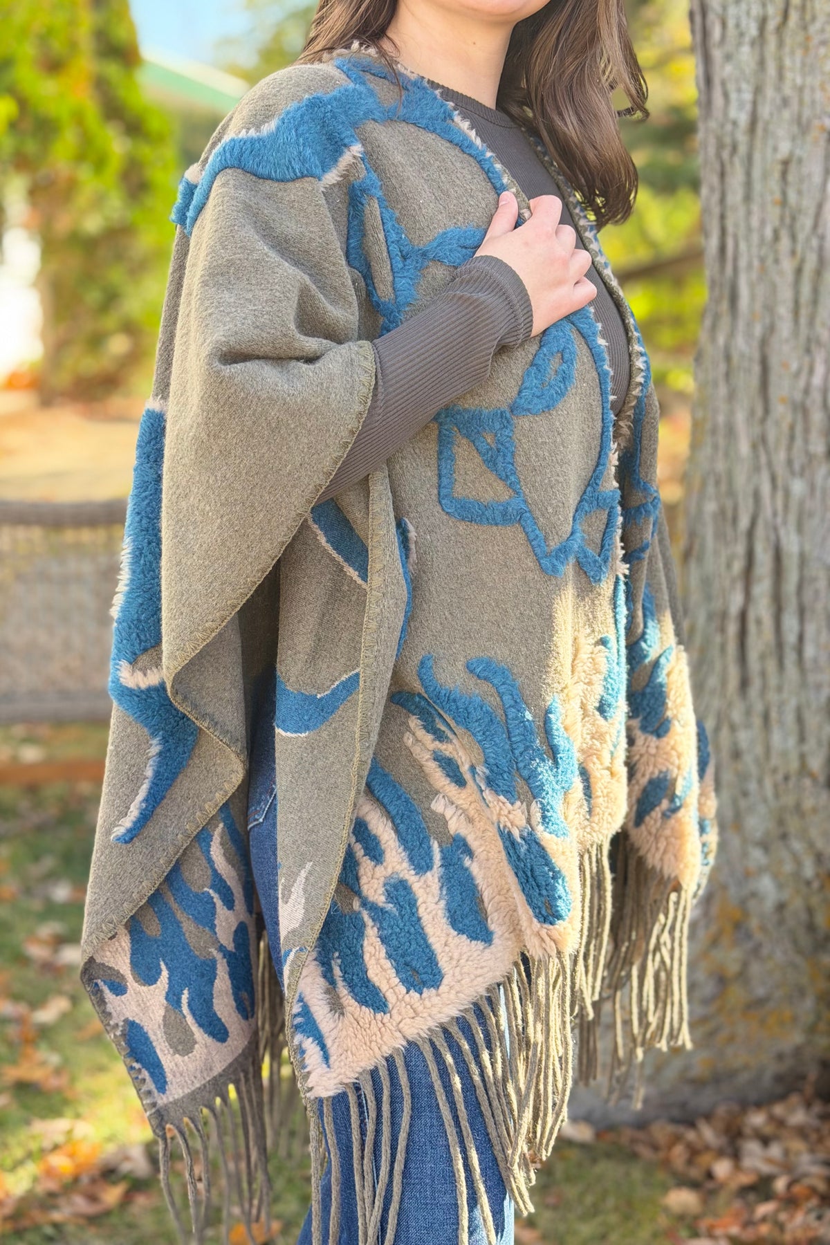 Boho Textured Ruana Cardigan - Olive Teal