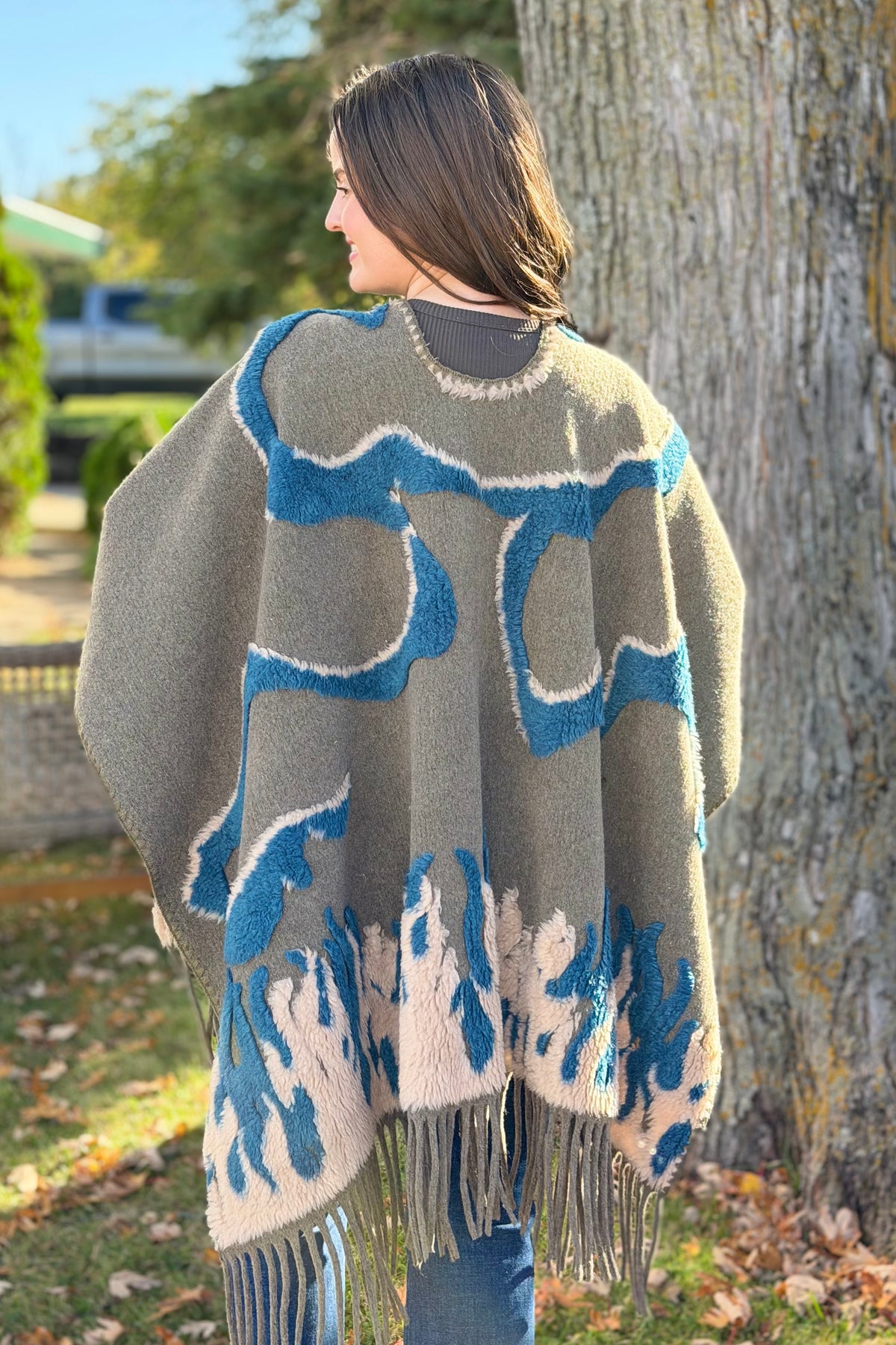 Boho Textured Ruana Cardigan - Olive Teal
