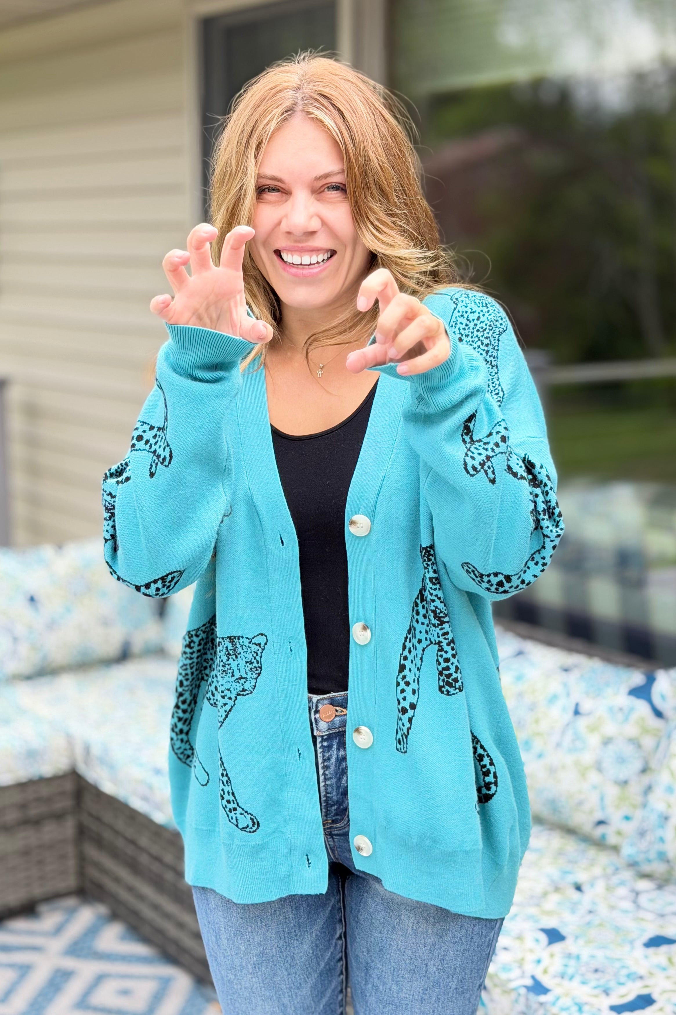 Cheetah V-Neck Cardigan - Light Jade