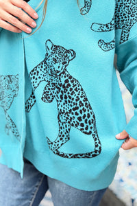 Cheetah V-Neck Cardigan - Light Jade