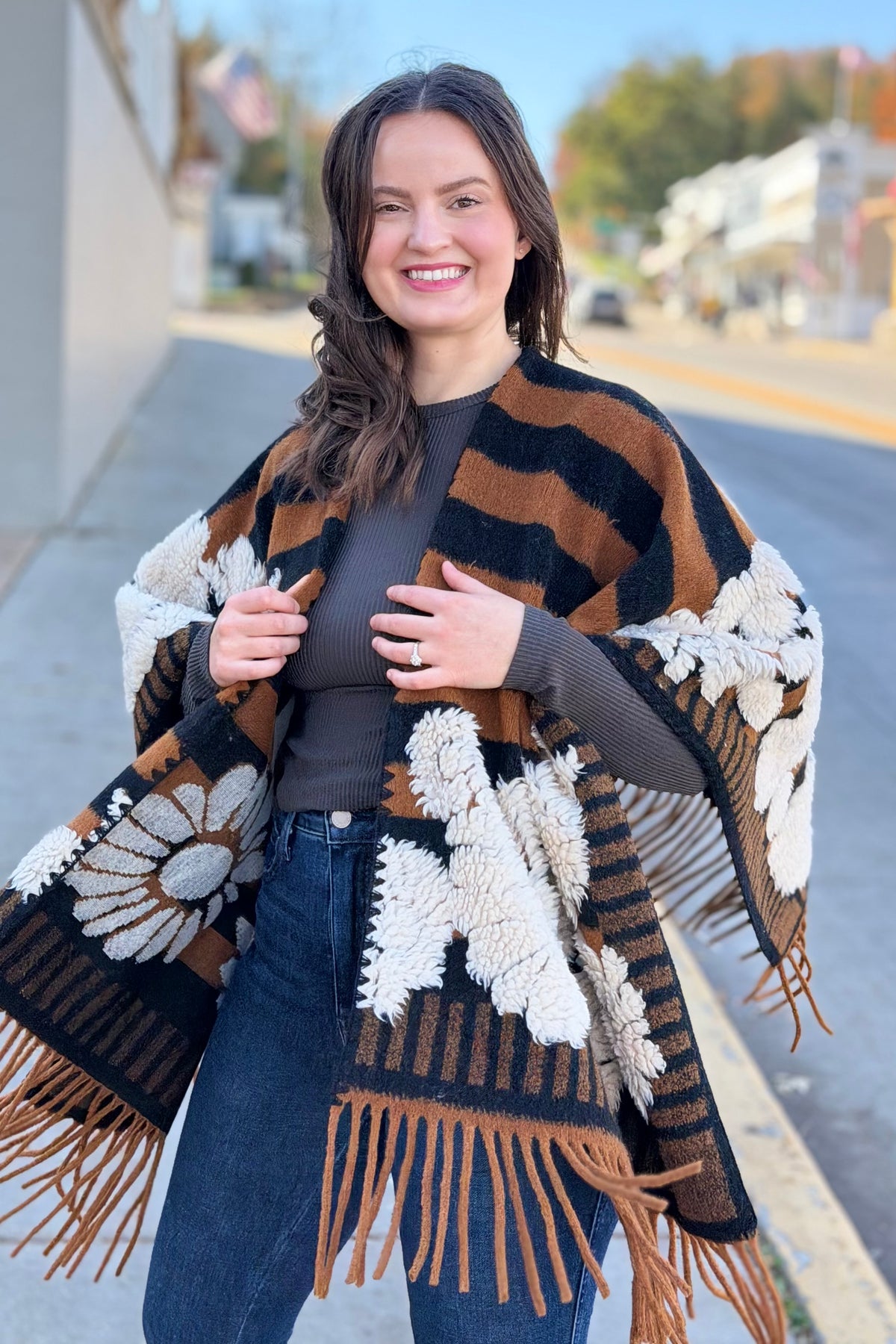 Western Boho Fringe Ruana - Brown