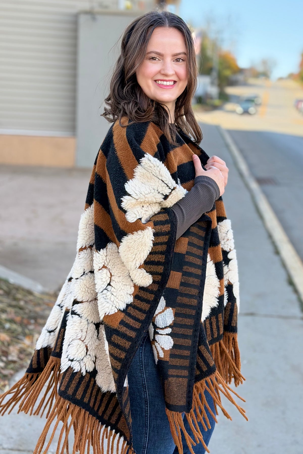 Western Boho Fringe Ruana - Brown