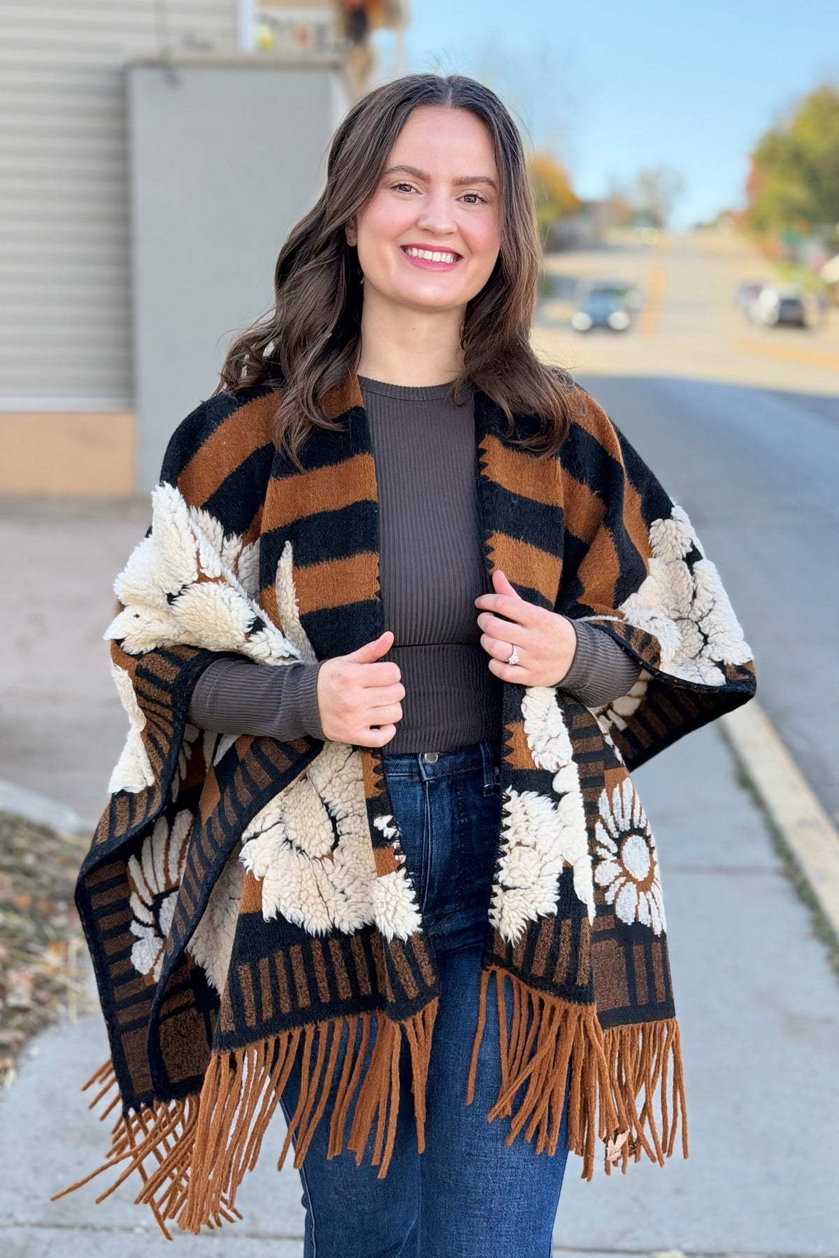 Western Boho Fringe Ruana - Brown