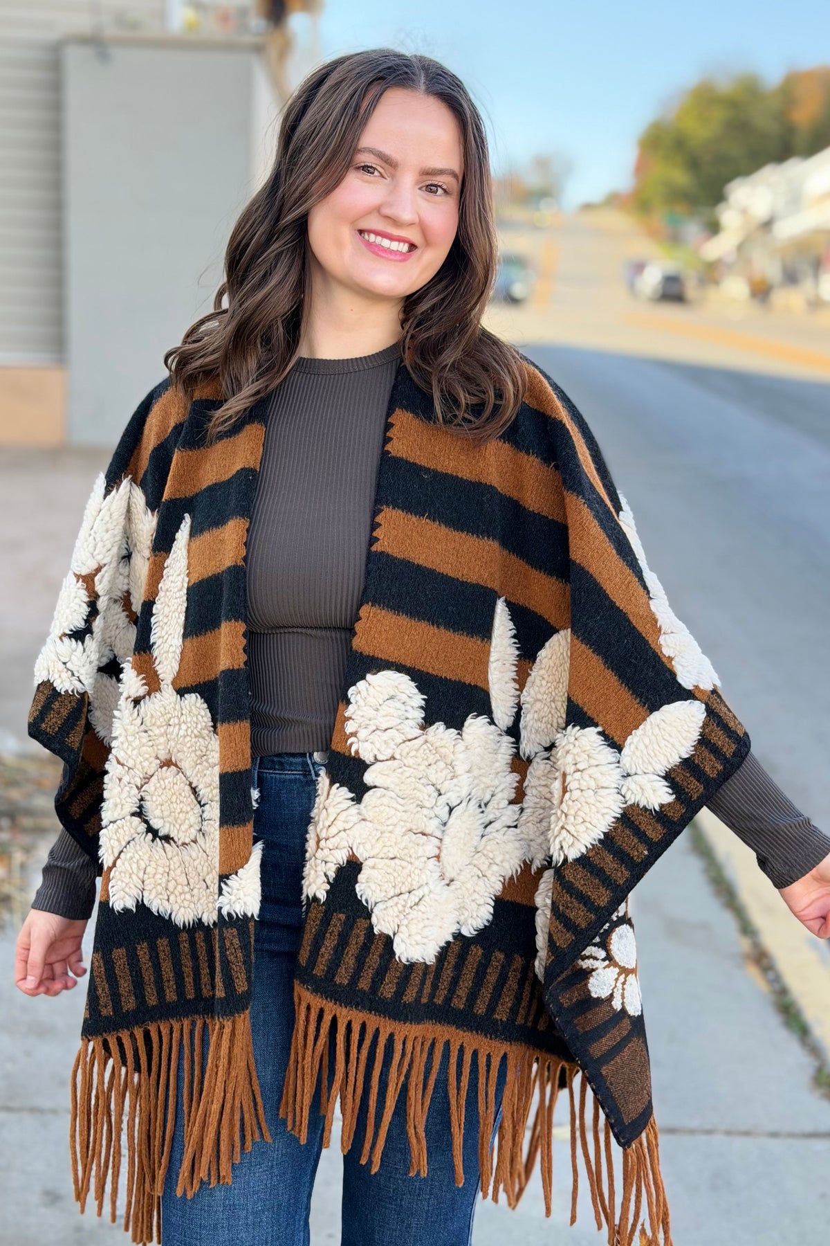 Western Boho Fringe Ruana - Brown