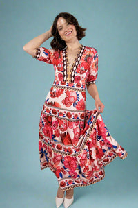 Tropical V-Neck Puff Sleeve Maxi Dress