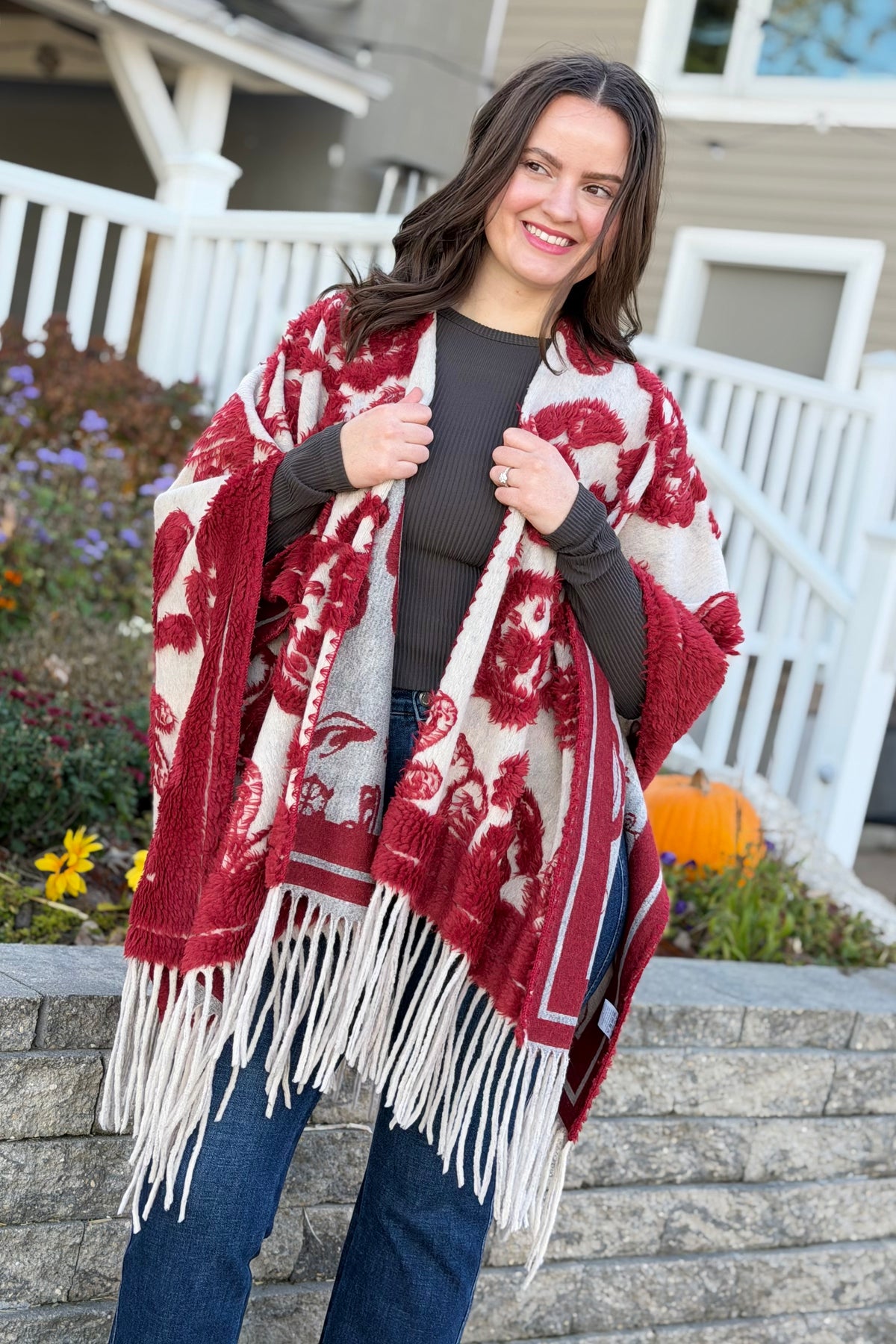 Western Boho Fringe Ruana - Red