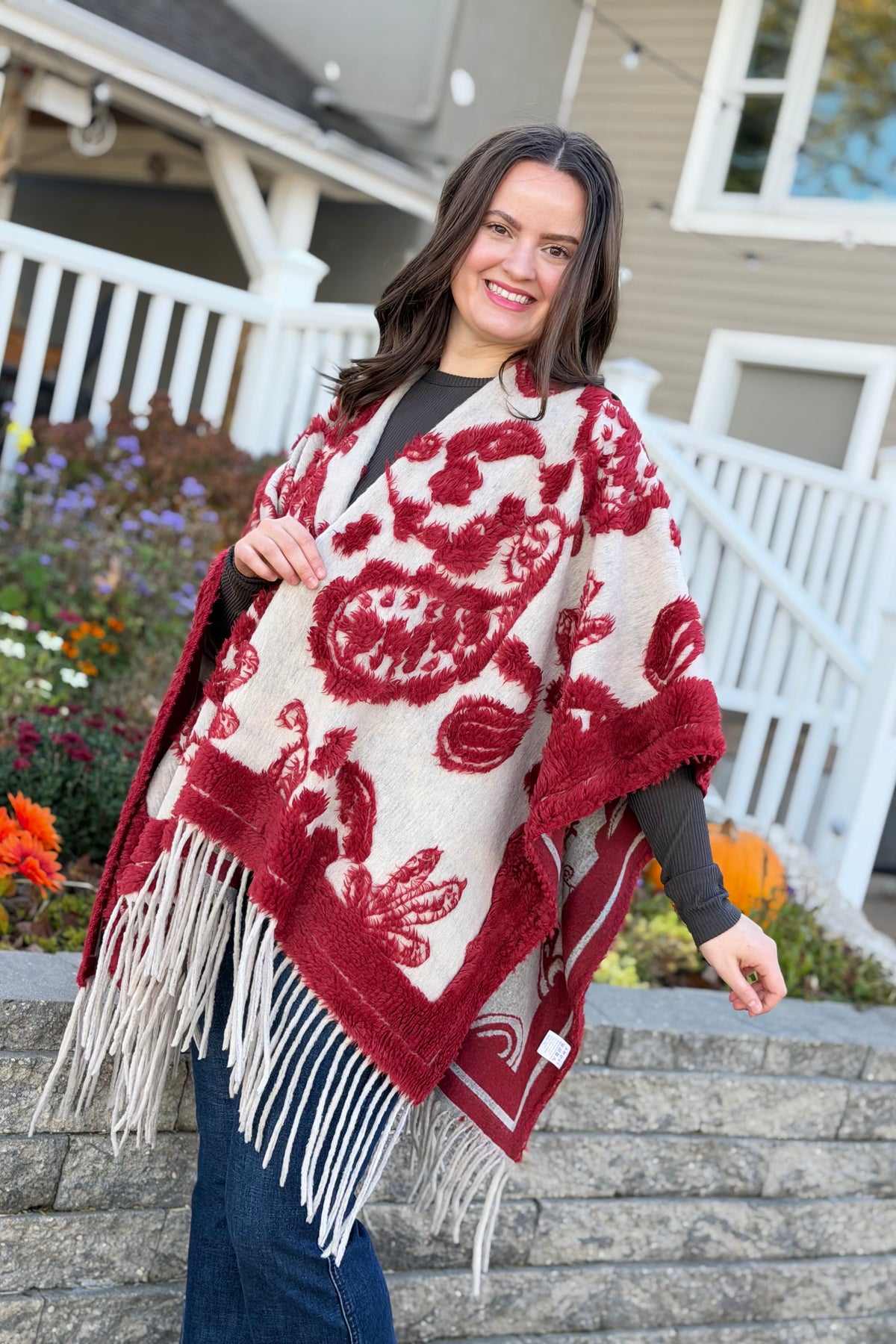 Western Boho Fringe Ruana - Red