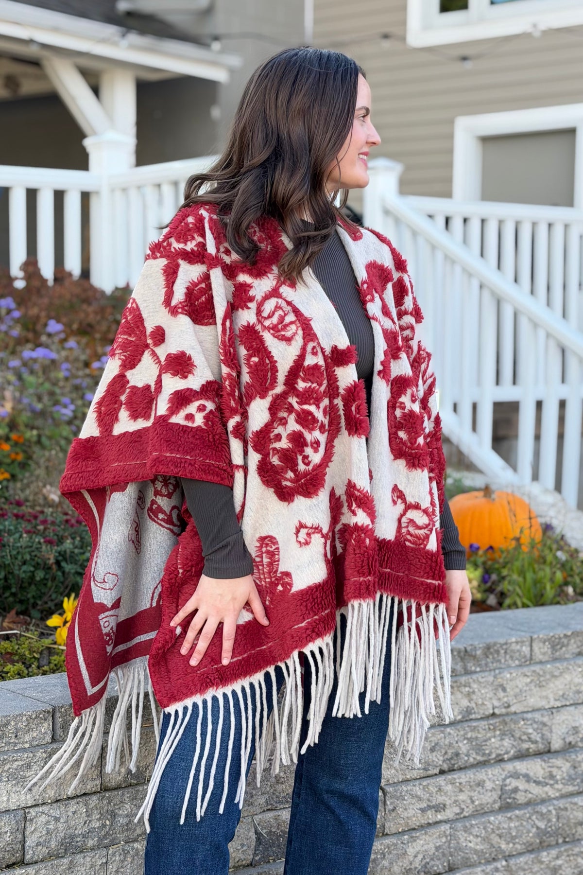 Western Boho Fringe Ruana - Red