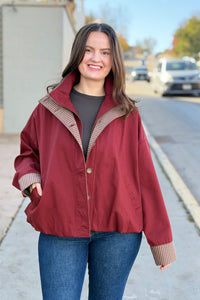 Bubble Hem Houndstooth Contrast Coat - Rustic Red
